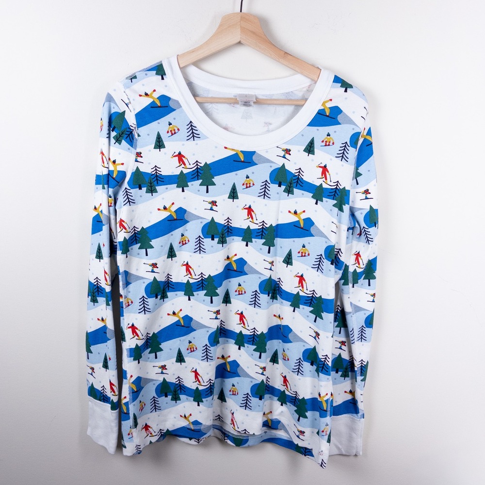 Hanna Andersson Pajama Top Adult L White Blue Ski Slope Snowboard Organic Cotton